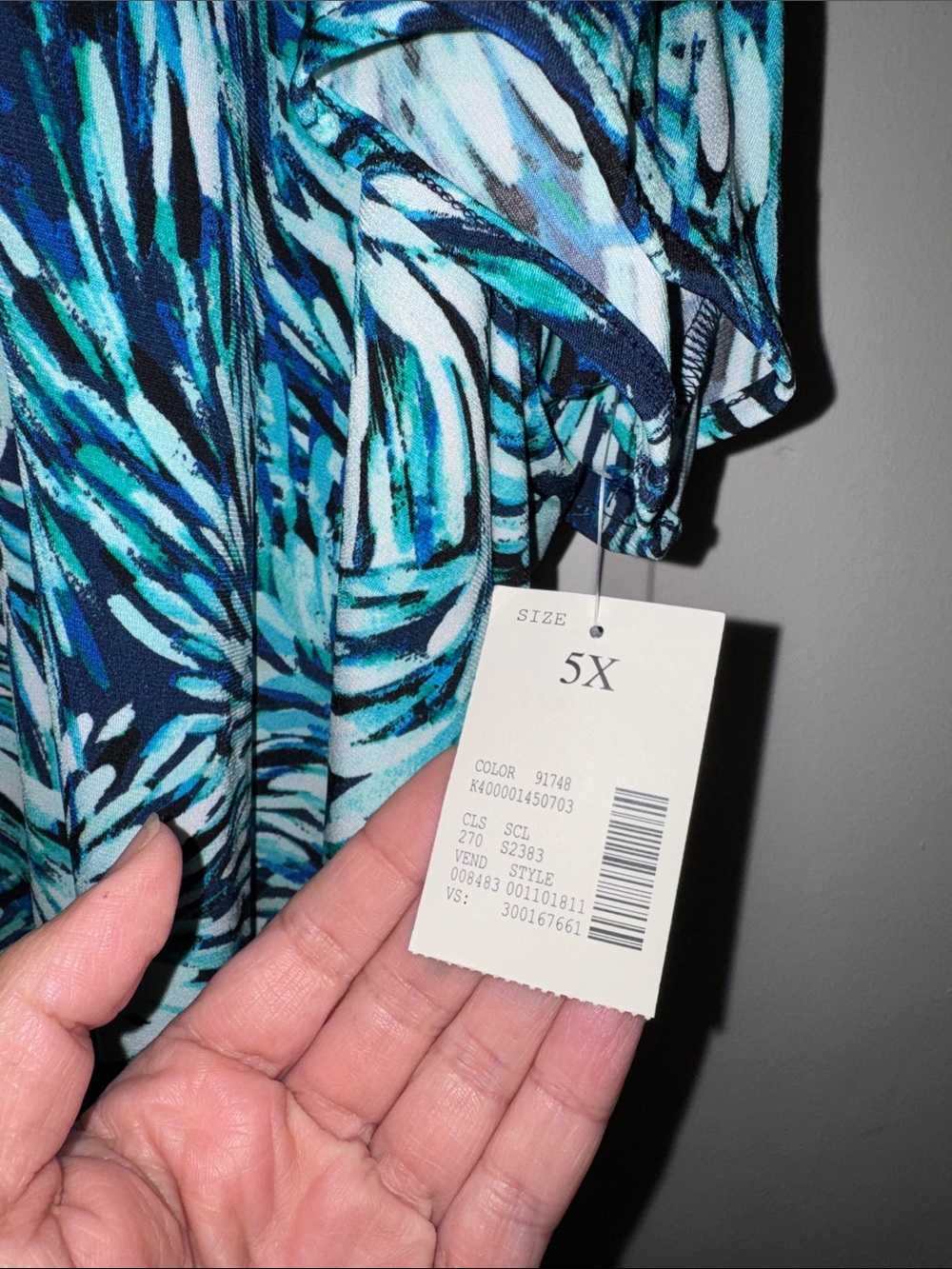 Catherines Teal and Blue Leaf-Print Cold-Shoulder Blouse - Picture 3 of 5